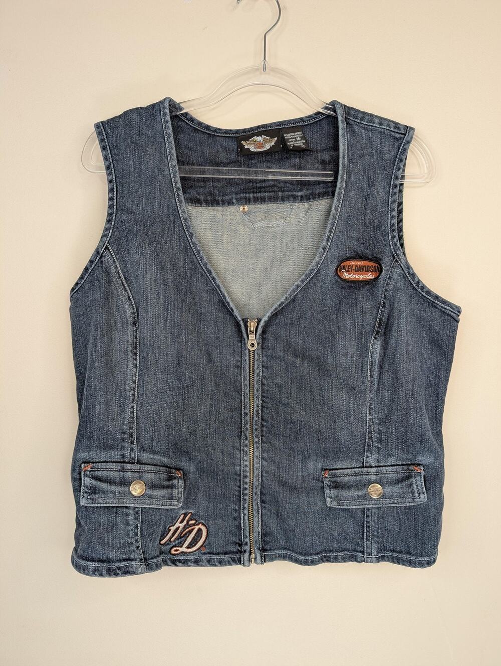 Harley Davidson Vest Womens XL Blue Denim Zip Front Embroidered Biker Motorcycle